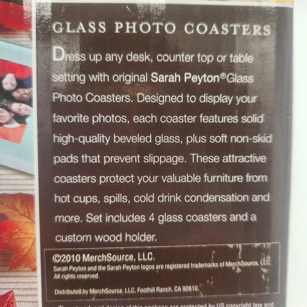 Set of 4 Frosted Glass Photo‎ Coasters with Wood Stand by Sarah Peyton Home